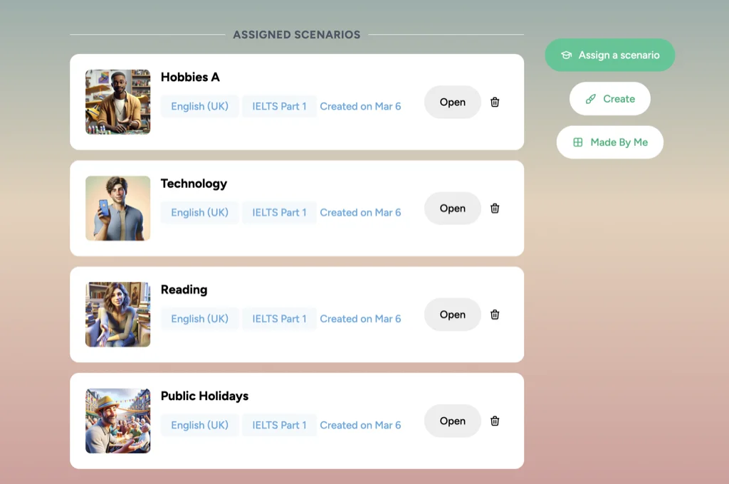 Marvely lærer-dashboard, der viser tildelte IELTS-taleaktiviteter